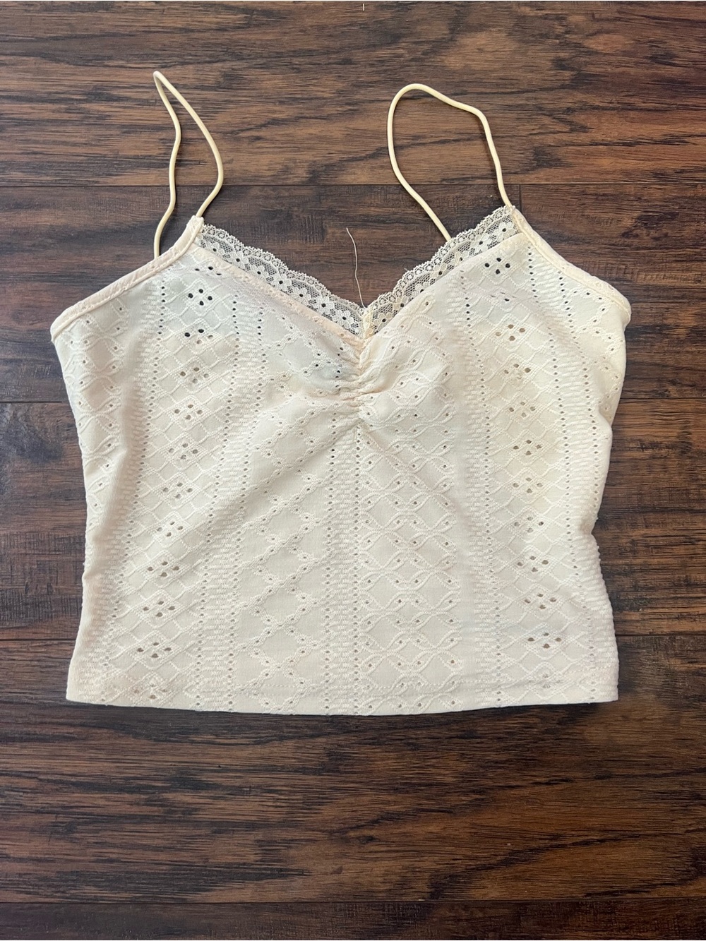 SHEIN Cream Lace-Trim Eyelet Tank Top